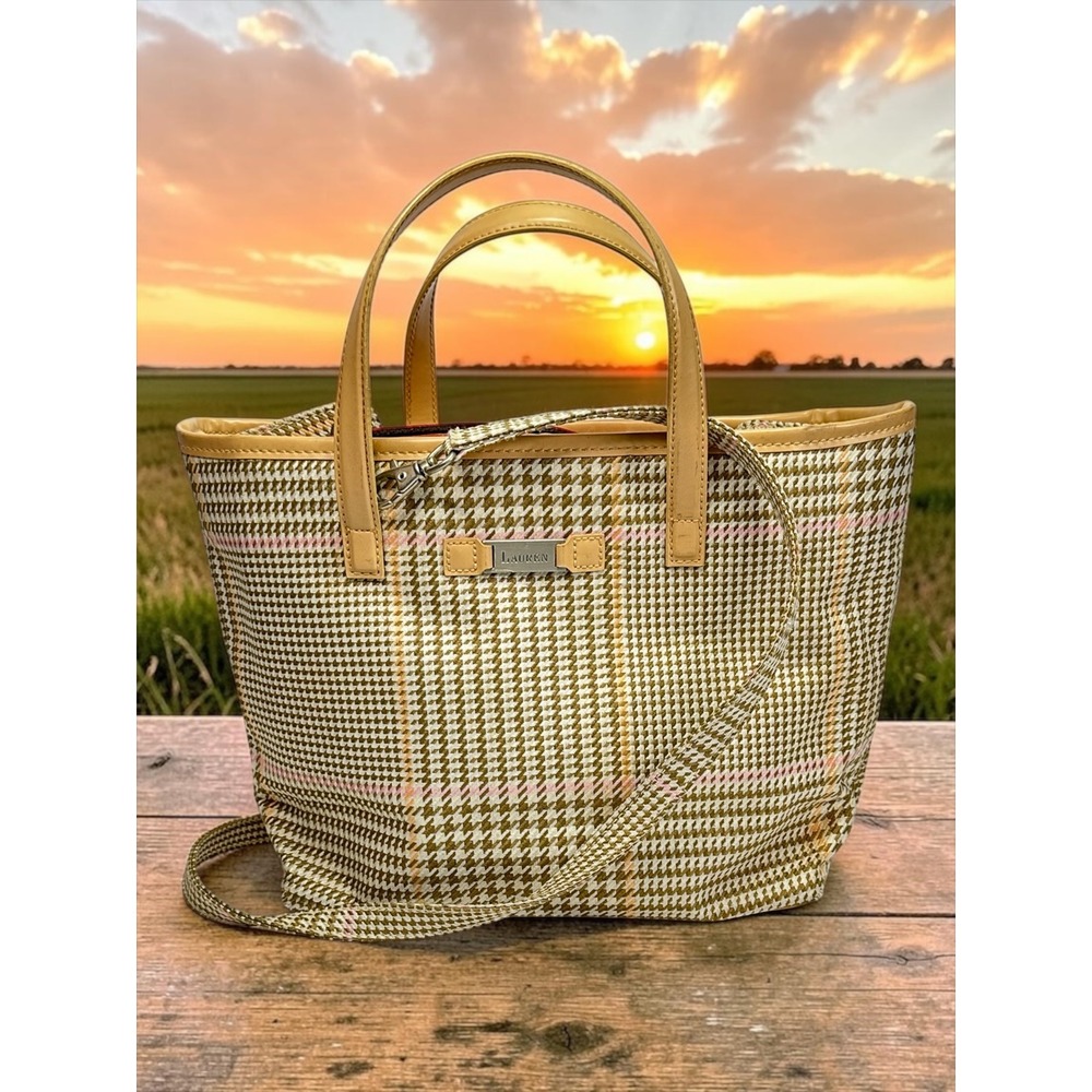 Lauren Ralph Lauren Tote Bag Womens Small Tan Houndstooth Crossbody Plaid